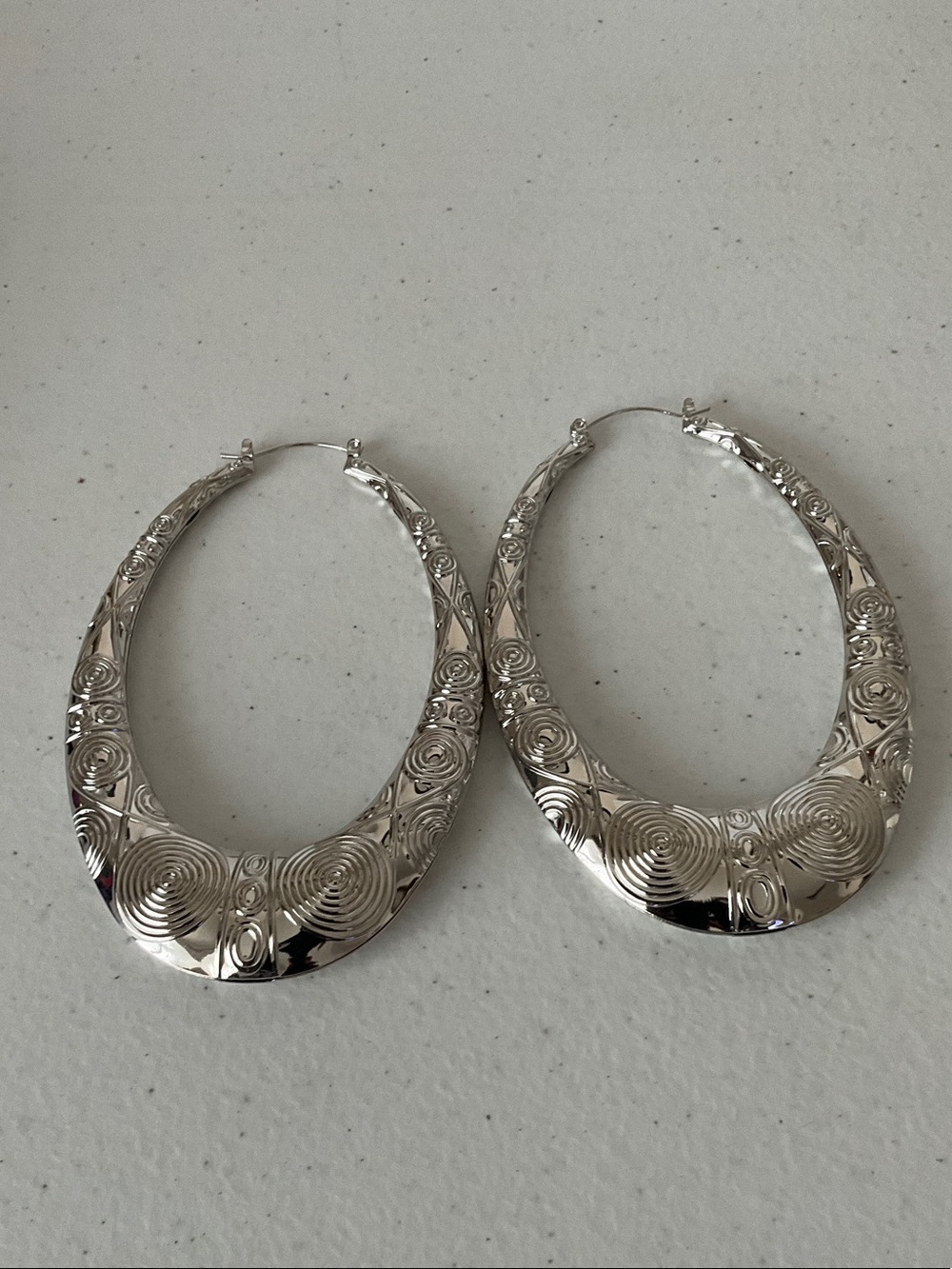 Silver Tone Textured Crescent Oval Hoop Earrings